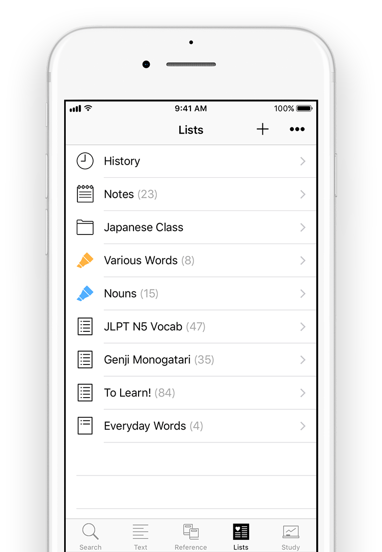 Screenshot of custom-made lists and notes